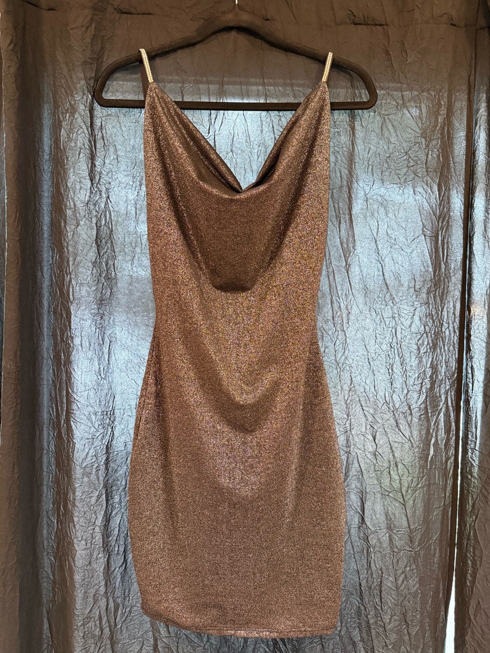 AKIRA Metallic Bronze Cowl Neck Bodycon Mini Dress Size M NWT